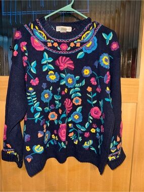 Vintage Women'sCarole Hanson Sweater Boho Flower Embroidered  Colorful Med